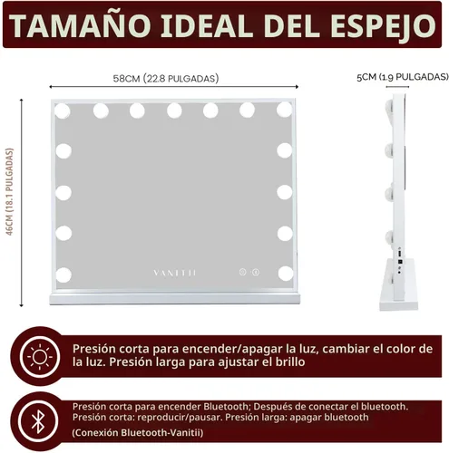 Miniatura 7 de VANITII - Espejo Hollywood con luces, altavoz con carga USB, espejo de maquillaje iluminado con bombillas, 3 modos de iluminación y espejo