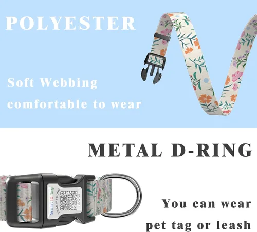 Miniatura 4 de Collares de perro para perros grandes, collar de perro con etiqueta de nombre de código QR, material de poliéster suave, collar ajustable para Flor