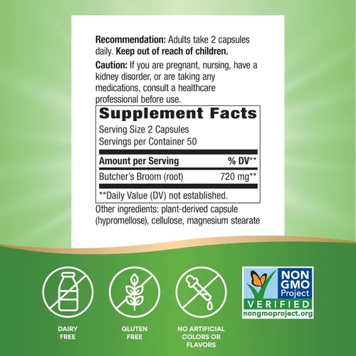 Miniatura 5 de Nature's Way Escoba de carnicero, hierba tradicional, 720 mg por porción de 2 cápsulas, proyecto verificado sin OMG, 100 cápsulas veganas