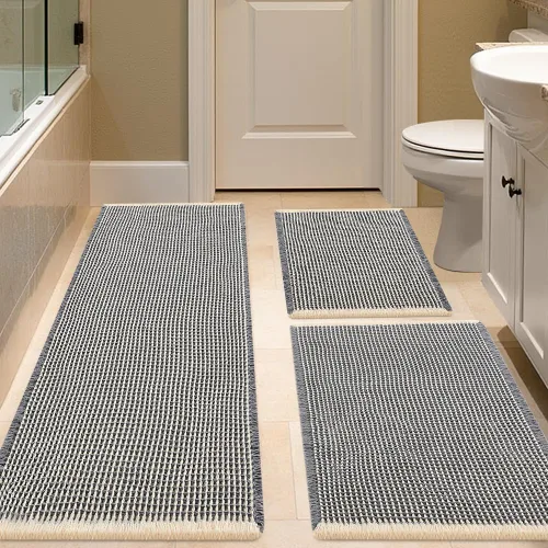 Miniatura 96 de IM HOME Tapete de baño de punto gofre, color caqui, de 24 x 17 pulgadas, tejido bohemio, moderno, absorbente, antideslizante, suave, lavable