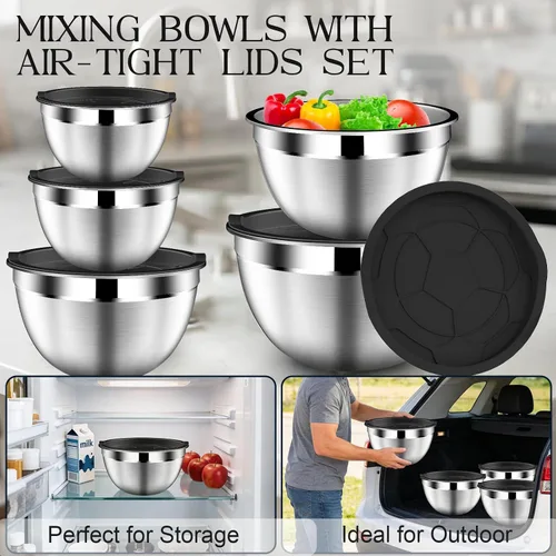 Miniatura 3 de DUTZUN Stainless Steel Mixing Bowls with Airtight Lids Set of 5, Black Best Kitchen Gifts for Mixing, Baking, Prep, Salads, Serving, Cooking