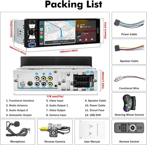 Miniatura 7 de Radio de pantalla táctil DIN simple de 6.5 pulgadas con Apple CarPlay inalámbrico y Android Auto, FM/AM, estéreo para automóvil con Bluetooth 5.2