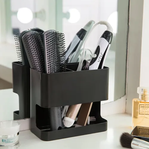Miniatura 3 de Organizador de herramientas para el cabello MyGift con 2 ranuras, soporte negro de metal para rizador de pelo, organizador de accesorios de salón