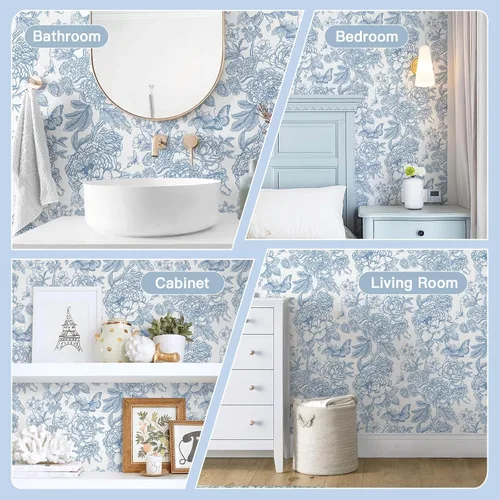 Miniatura 6 de Safiyya Papel tapiz floral para despegar y pegar, papel de contacto azul y blanco, papel tapiz bohemio para dormitorio, papel de pared de peonía
