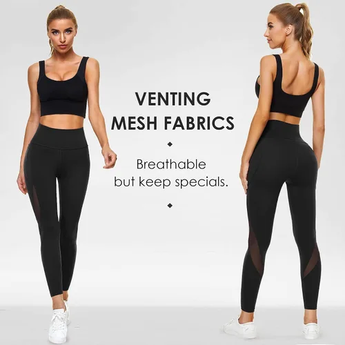 Miniatura 2 de TrainingGirl Leggings de malla para mujer, pantalones de yoga de cintura alta, leggings estampados, mallas deportivas con bolsillos
