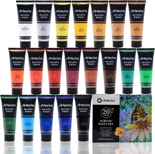 Artecho Juego Profesional de Pintura Acrílica, 20 Colores Primarios (120ml / 4.05oz) Tubos, Pinturas para Arte y Manualidades para Lienzo, Roca,