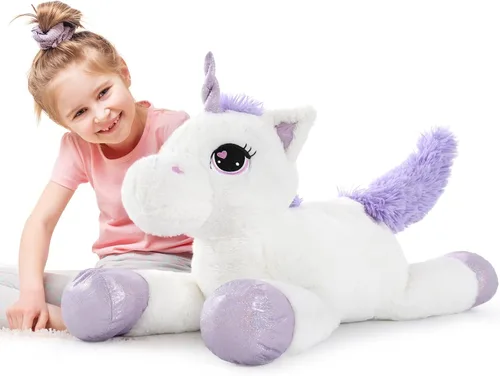 Miniatura 14 de Tezituor Juguetes de peluche de unicornio grande de 43 pulgadas, animales de peluche de unicornio blanco hueso, bonitas decoraciones de cumpleaños