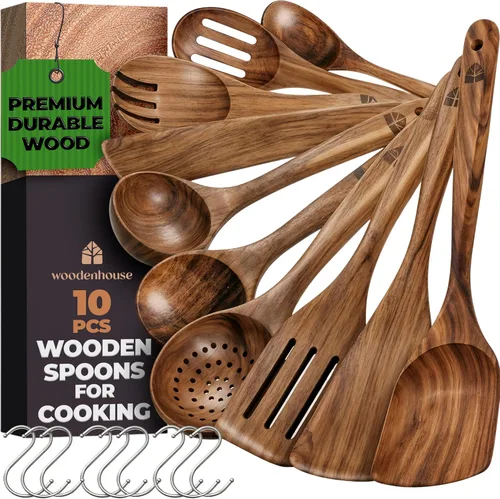 Miniatura 11 de Woodenhouse - Cucharas de madera para cocinar, juego de utensilios de cocina de madera con soporte, soporte para cuchara y ganchos, utensilios