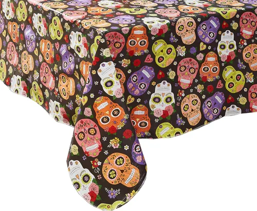 Newbridge Mantel de vinilo con parte trasera de franela para fiesta y fiesta de calavera de azúcar, mantel de vinilo con máscara de esqueleto otomí