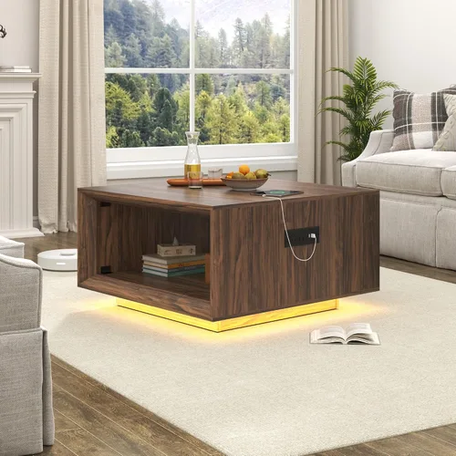Miniatura 8 de Mesa de centro moderna de mediados de siglo de 32 pulgadas para sala de estar, mesa central cuadrada con luz LED y toma de corriente, mesa de cóctel