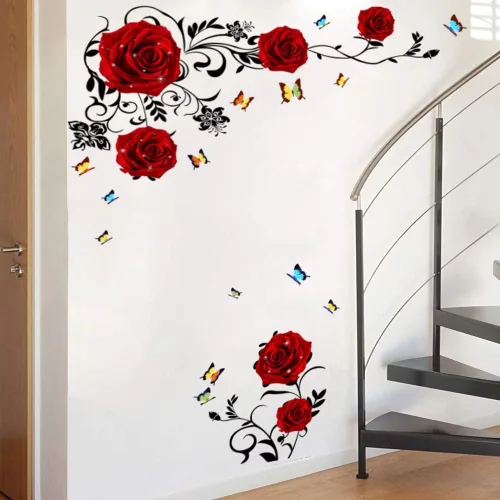 Miniatura 5 de Supzone Calcomanías de pared de rosas rojas, arte mural de vinilo para dormitorio, sala de estar, telón de fondo de sofá y decoración de pared de TV