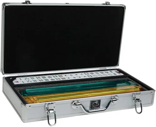 Miniatura 3 de American Mah Jongg Set by White Swan - 166 azulejos grabados blanco/azul - 4 bastidores todo en uno - Caja de aluminio - Plata