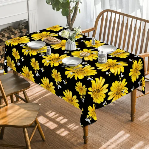 Miniatura 2 de Horaldaily Mantel de verano de 52 x 70 pulgadas, diseño de girasol amarillo, abejorro, negro, otoño, lavable, para fiesta, picnic, decoración de cena