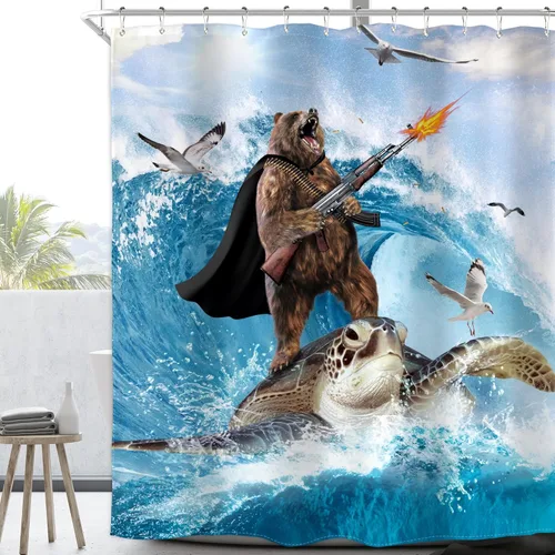 Miniatura 19 de Divertida cortina de ducha con diseño de gato de surf, tiburón, divertida, náutico, océano, océano, mar, ondas, animales, novedad, 72 pulgadas