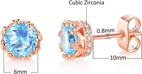 Miniatura 38 de MDFUN Aretes chapados en oro rosa para mujer, 0.236 in, corona brillante redonda, piedra natal, regalo de cumpleaños