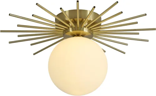 BOKT Moderna lámpara de techo semiempotrada dorada de mediados de siglo con globo de vidrio blanco, lámpara de techo industrial cerca del techo,