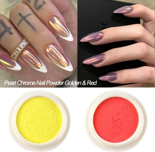 Miniatura 2 de 2 frascos de polvo de uñas cromado, rojo y dorado, aurora iridiscente, polvo de frotamiento fino cromado brillante, pigmento de efecto espejo
