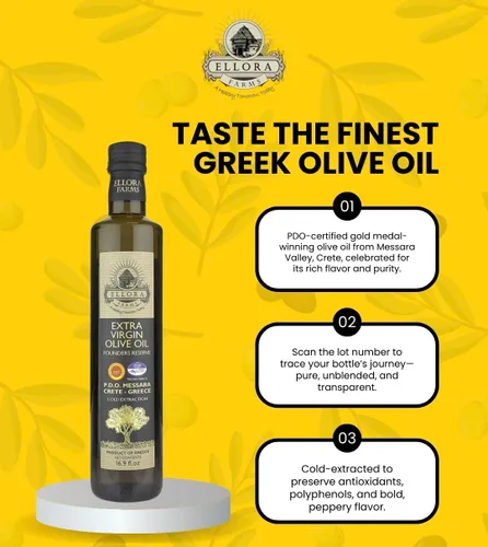 Miniatura 7 de Ellora Farms, Aceite de Oliva Virgen Extra Griego, Single Estate DOP Messara, Grecia, sin OMG, prensado en frío, Polifenol, Botella de vidrio, 17 FL