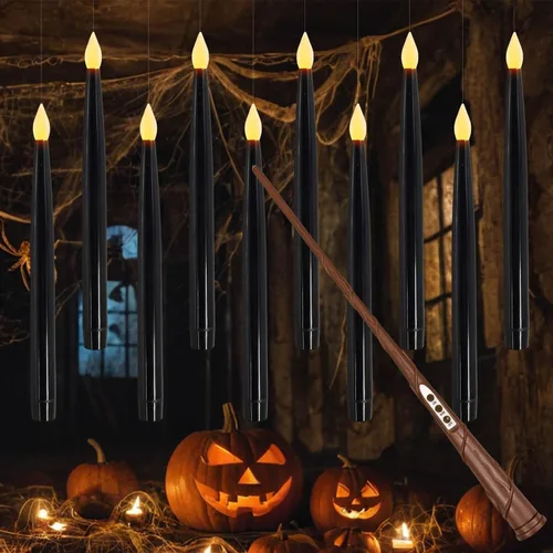 Leejec 10 Piezas de Velas Flotantes de 10.8", Control Remoto de Varita Mágica con Temporizador de 6/18H, Decoraciones de Halloween, Velas Cónicas