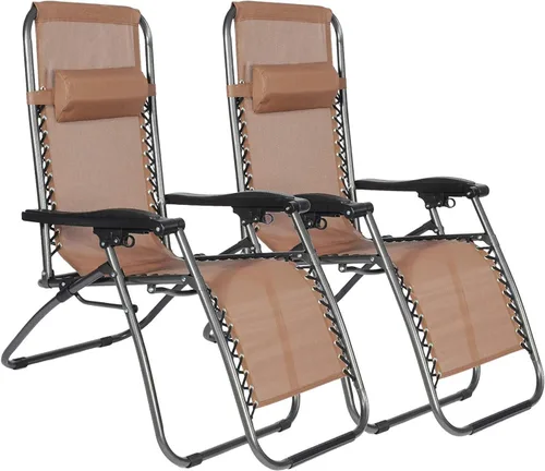 Miniatura 8 de Juego de 2 sillas ajustables de gravedad cero, sillas reclinables plegables para exteriores con almohada, sillas portátiles junto a la piscina, Gris