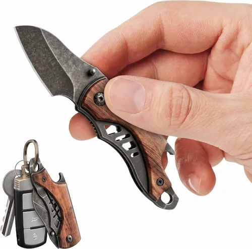 Cuchillo de bolsillo pequeño para hombres – Cuchillo de llavero de 5.7 pulgadas con abridor de botellas – Cortador de cajas – Mango de madera –