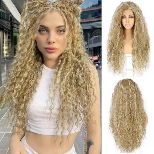 Miniatura 17 de SAPPHIREWIGS Pelucas de encaje frontal color marrón, sin pegamento, onda de agua, de encaje frontal sintético, para mujeres afrodescendientes