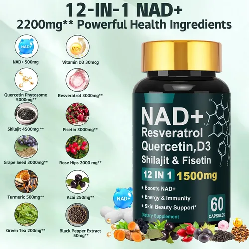 Miniatura 2 de Suplemento NAD de 1500 mg con resveratrol vitamina D3 quercetina y fisetina, suplementos NAD+ para mujeres y hombres que apoyan la energía, la salud