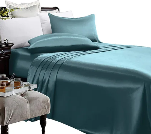 Miniatura 21 de Anex Linen Juego de sábanas de satén, juego de ropa de cama de 4 piezas, hilos altos, juego de sábanas 100% satén beige ultra suave, juego