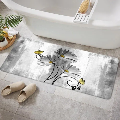 Miniatura 25 de Alfombra de Baño Rústica de Granja, Alfombra de Baño de Madera de Campo con Flores de Margaritas Moradas, Mariposas y Estilo Campestre, Alfombra