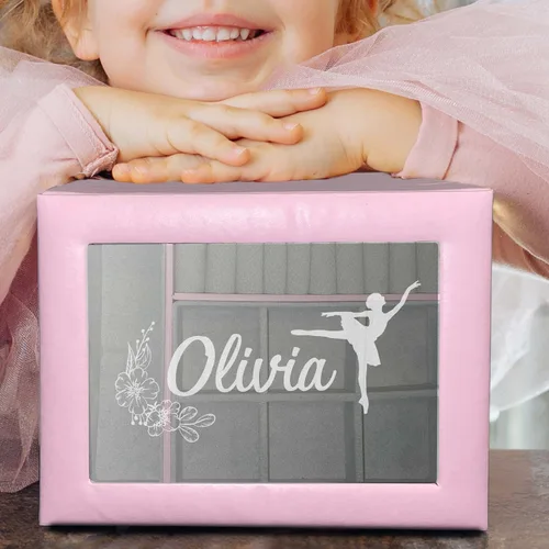 Miniatura 2 de My Personal Memories Joyero personalizado para niñas, grabado personalizado con nombre y bailarina, sirena, unicornio y más (rosa)