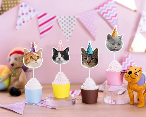 Miniatura 3 de TSJ 16 adornos para cupcakes de gato, decoración de pastel de cumpleaños para gatos, decoración de fiesta temática de gatitos, palitos para pastel