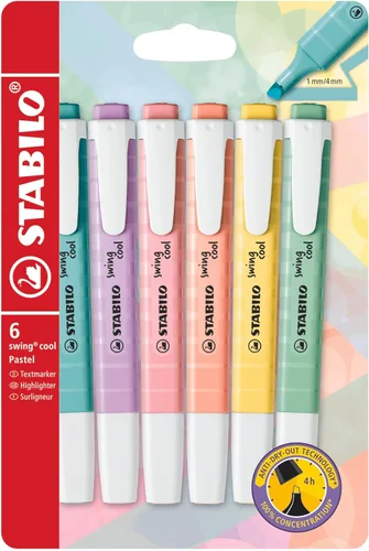 STABILO - Resaltadores Swing Cool Pastel - Paquete de 6 - Colores variados, portátil, cierre de clip, suministros para oficina + escuela Colores
