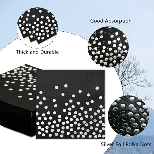 Miniatura 4 de Paquete de 100 servilletas de cóctel desechables color negro y plateado para fiesta de cumpleaños, boda, aniversario