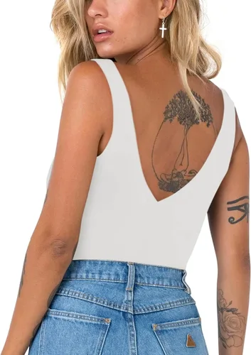 Miniatura 2 de REORIA Sexy escote en V profundo, sin mangas, cuello en V, espalda descubierta, para mujer