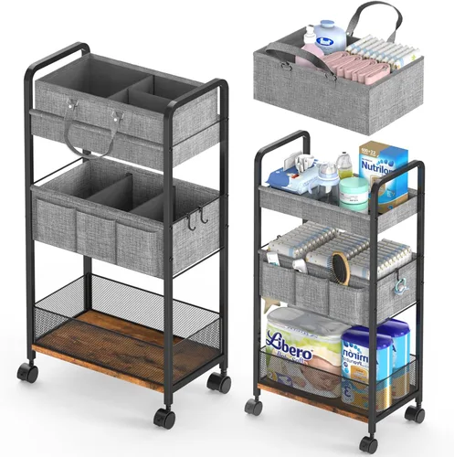LIDTOP Carrito de pañales 2 en 1 y carrito de pañales rodante de 3 niveles, carrito organizador de pañales con divisores, carrito móvil de metal
