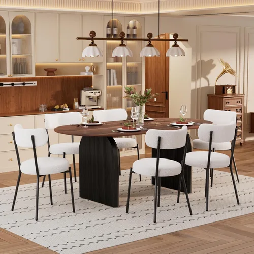 Miniatura 16 de Juego de mesa de comedor ovalada moderna de 70 pulgadas con 6 sillas de tela Boucle, mesa de MDF y base resistente a rayas, muebles de cocina