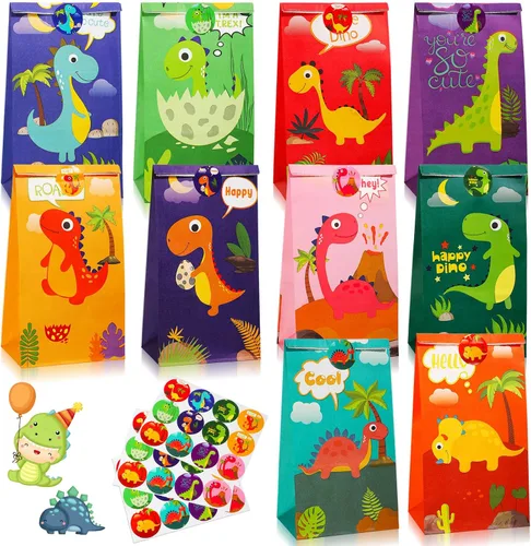 Containlol Paquete de 30 bolsas de regalo para fiesta de dinosaurios, bolsa de dulces de dinosaurio pequeño con calcomanías a juego, suministros de