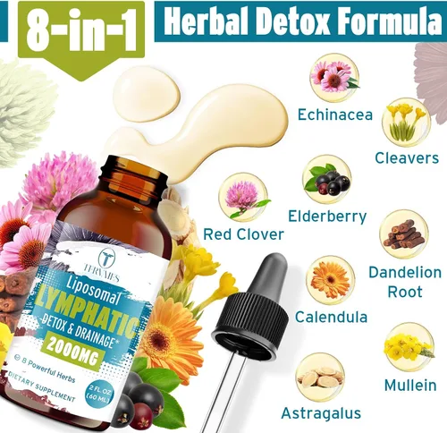 Miniatura 5 de Gotas de desintoxicación linfática liposomal y drenaje - Mezcla de hierbas de 2000 mg con saúco y equinácea - Apoya el drenaje linfático, el sistema