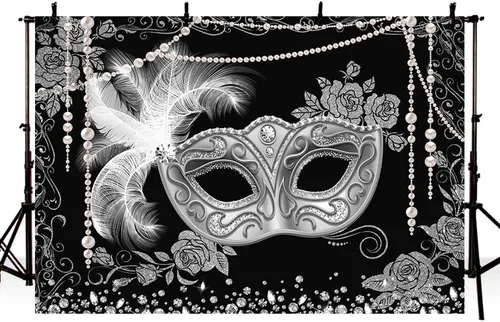 Miniatura 2 de MEHOFOND Telón de fondo para baile de máscaras negro plateado, para fotografía de fiesta de máscaras, fondo para Mardi Gras, carnaval, decoración