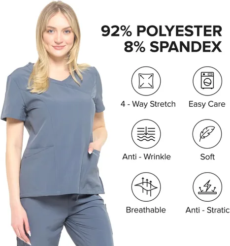Miniatura 5 de Dagacci Medical Uniform Conjunto de uniforme médico elástico en 4 direcciones con cuello en Y para mujer