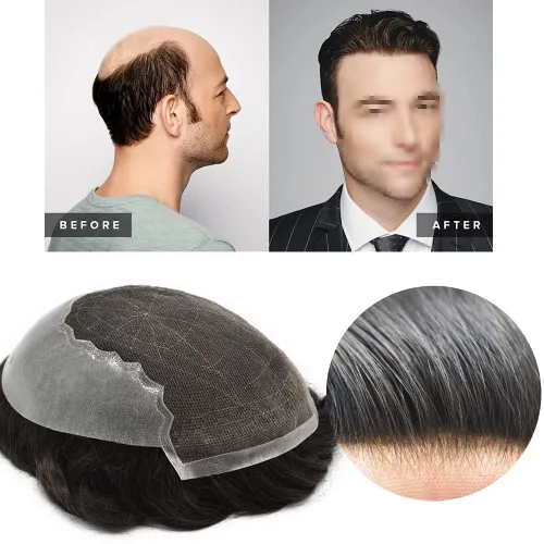 Toupee - Sistemas de reemplazo de cabello para hombre, encaje frontal suizo, nudo blanqueado, pieza de cabello humano natural 1# negro azabache, 8 x