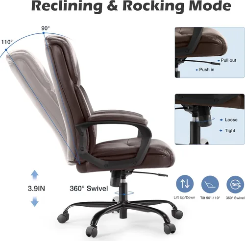 Miniatura 5 de Silla de oficina ejecutiva, silla ergonómica de escritorio para computadora para personas pesadas con ruedas, soporte lumbar, piel sintética, altura