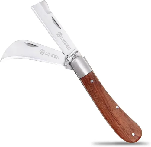 Cuchillo de poda, Cuchillo de injerto de doble hoja, Cuchillo de ciernes de jardín de acero inoxidable, Cuchillo de bolsillo plegable Linsen-al aire