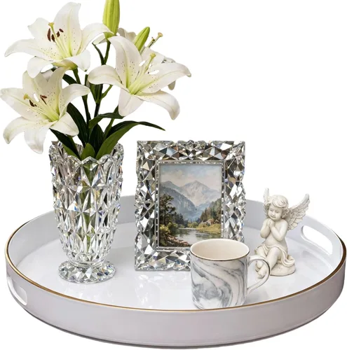 Miniatura 11 de Bandeja decorativa redonda, bandeja de plástico con asas, bandeja moderna de tocador y bandeja de servir para otomano, mesa de café, cocina y baño
