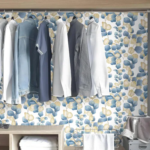Miniatura 7 de Vinjiasin Papel tapiz bohemio para despegar y pegar, papel de contacto de hojas azules, papel tapiz floral moderno, autoadhesivo, extraíble, papel