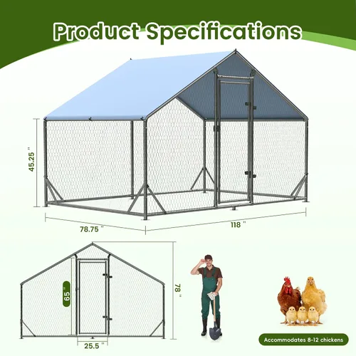 Miniatura 6 de Gallinero de Metal para Exteriores, Jaula Grande Transitable para Aves de Corral, Corral para Pollos en Forma de Aguja con Cubierta Impermeable
