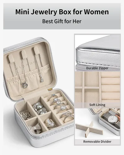 Miniatura 12 de Vlando Regalos de boda – Organizador de viaje de joyería pequeña de piel sintética, estuche de viaje para anillo, mini joyero para aretes, collar
