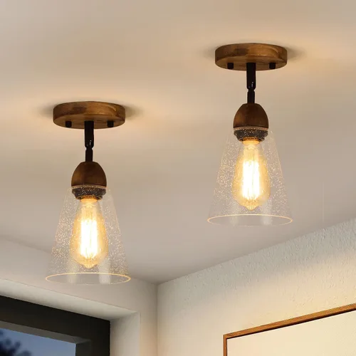 Miniatura 13 de Lámpara de techo rústica de cristal empotrado, mini pantalla de vidrio transparente y madera de roble, lámpara de techo semiempotrada para cocina