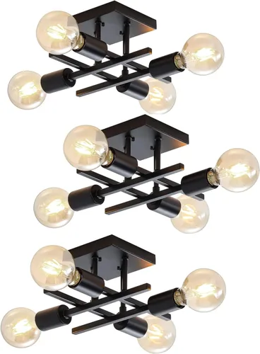 Miniatura 8 de Lámpara industrial de techo semiempotrada de 4 luces, lámpara de araña negra de granja, moderna lámpara de techo Sputnik con base E26 para cocina