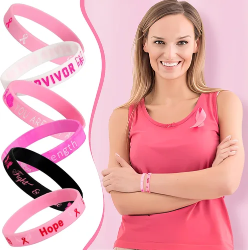 Miniatura 6 de JUNEBRUSHS 42 piezas de accesorios de concientización sobre el cáncer de mama, pulseras de silicona Esperanza Fe Fuerza Coraje, pulseras accesorios